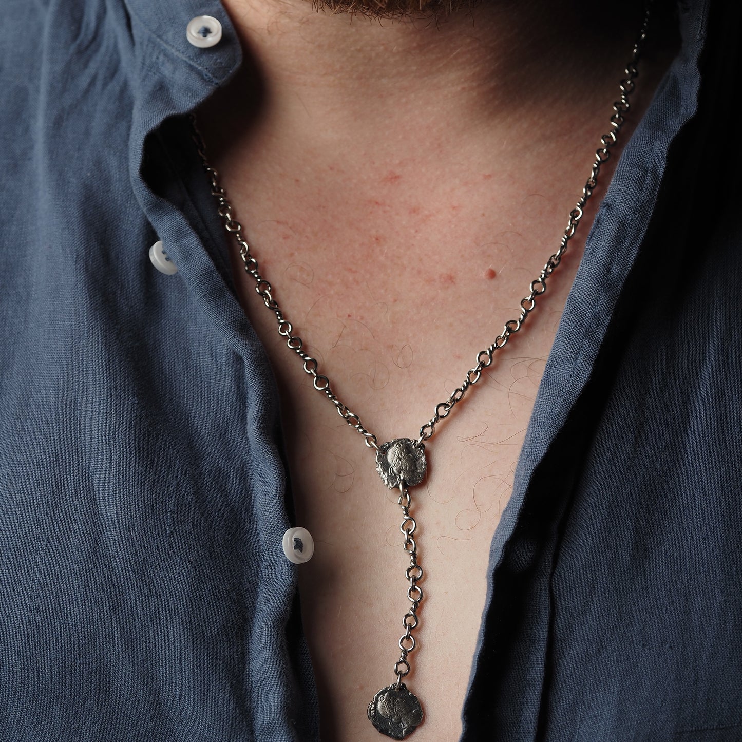 Ancient Roman Chain Necklace with Replica of Emperor Constantius II Coins on Infinity Chain Design