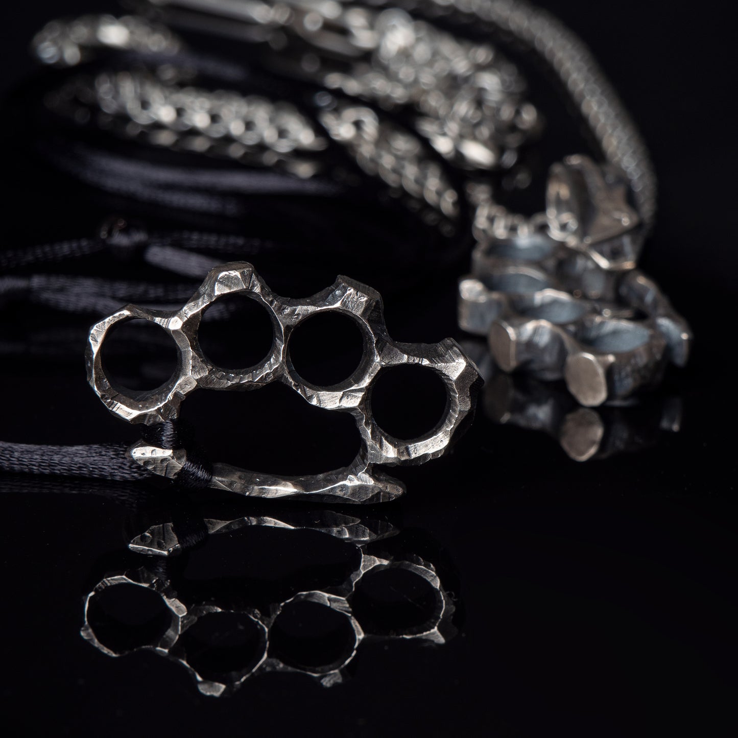 Stylish Edgy Silver Brass Knuckles Pendant with Sturdy Bismarck Chain
