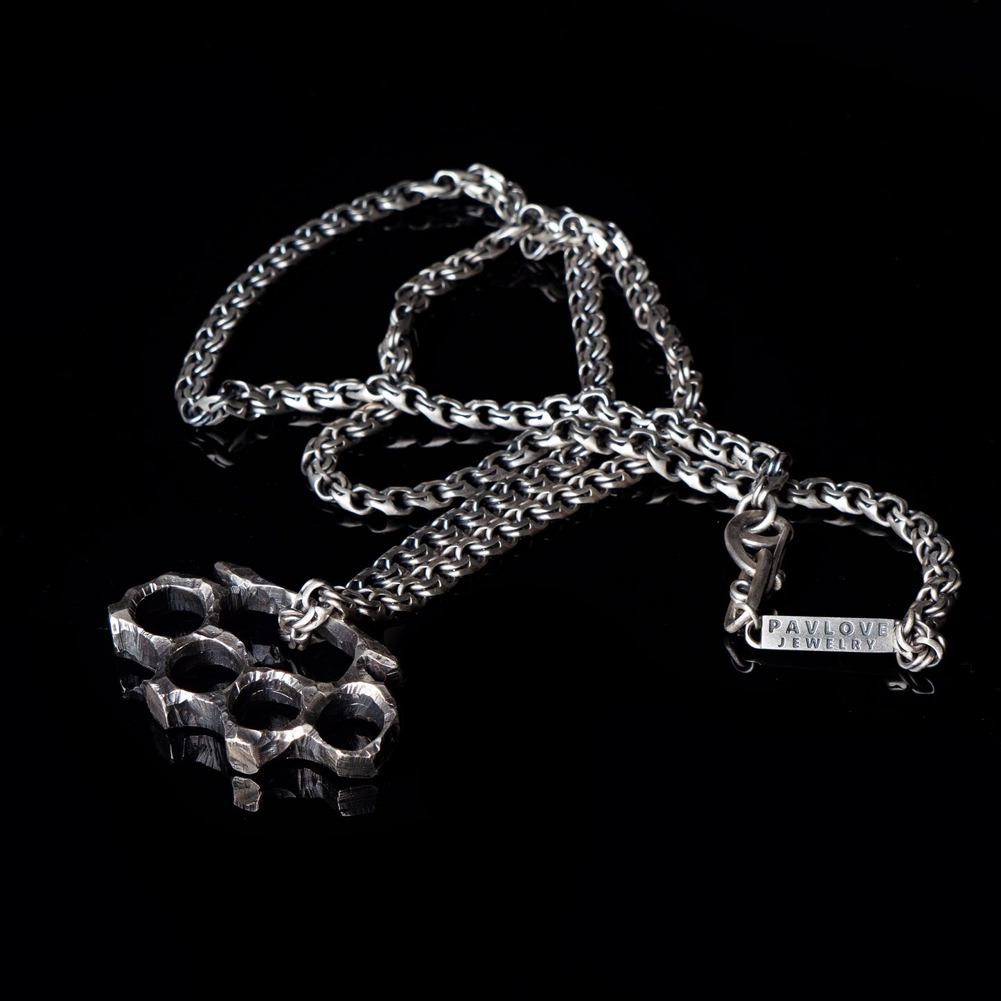 Stylish Edgy Silver Brass Knuckles Pendant with Sturdy Bismarck Chain