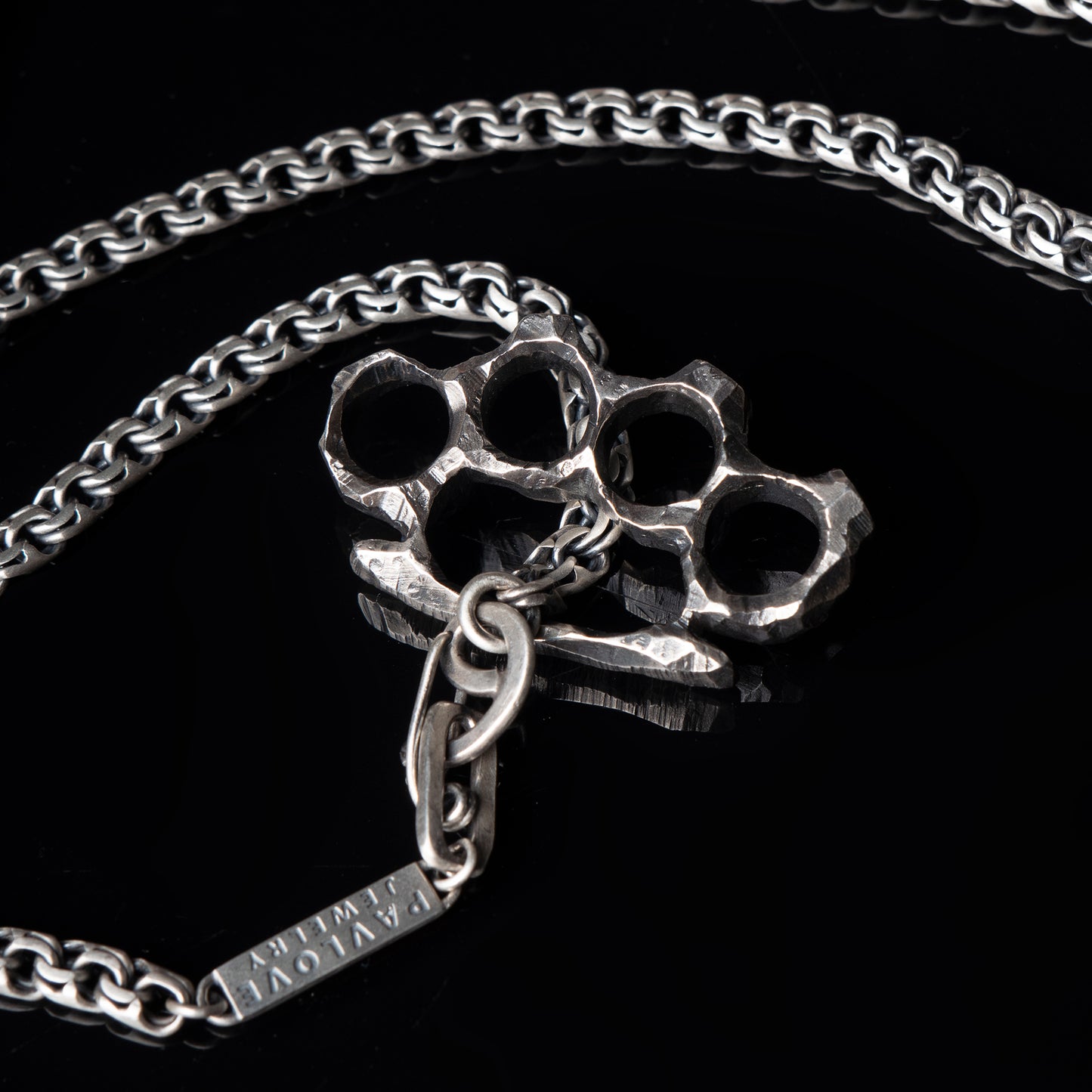 Stylish Edgy Silver Brass Knuckles Pendant with Sturdy Bismarck Chain