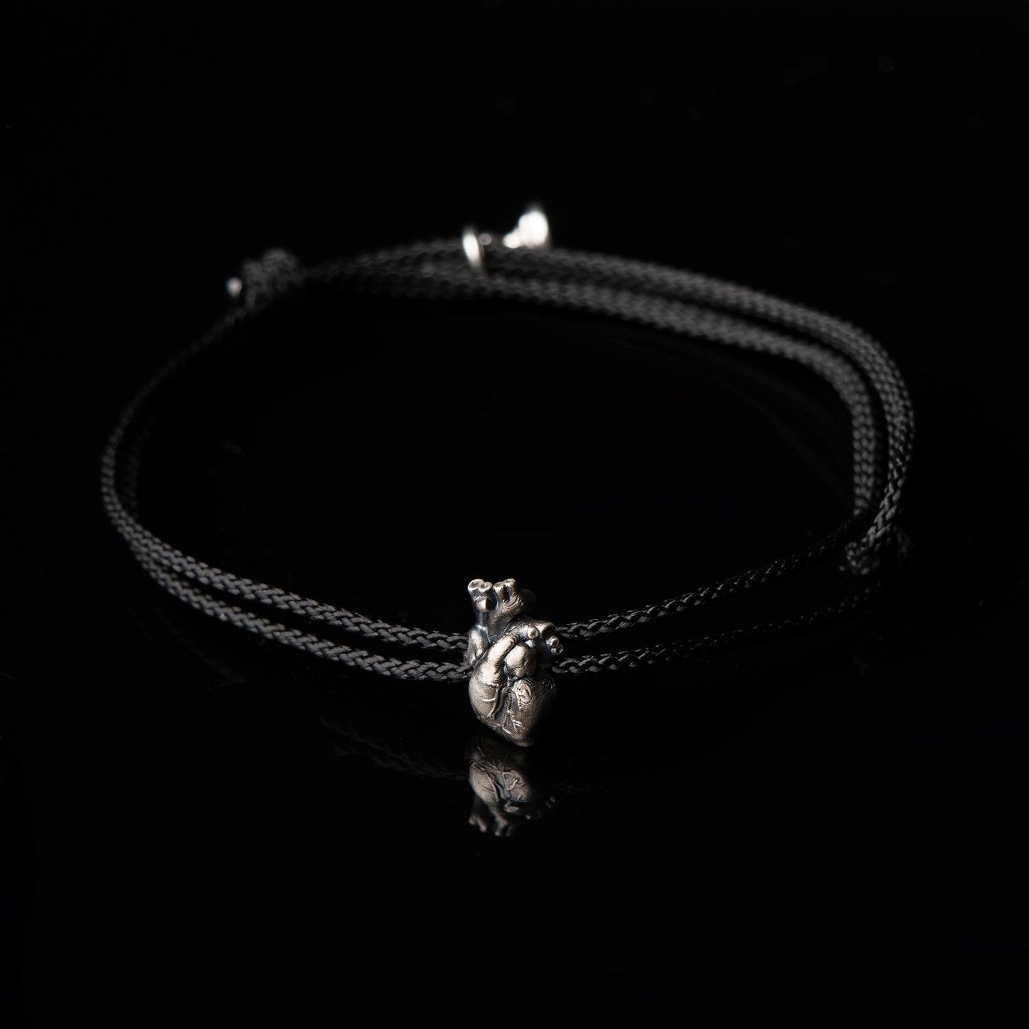 Anatomical Heart Charm Bracelet on Black Macramé Cord with Black Diamond Accent