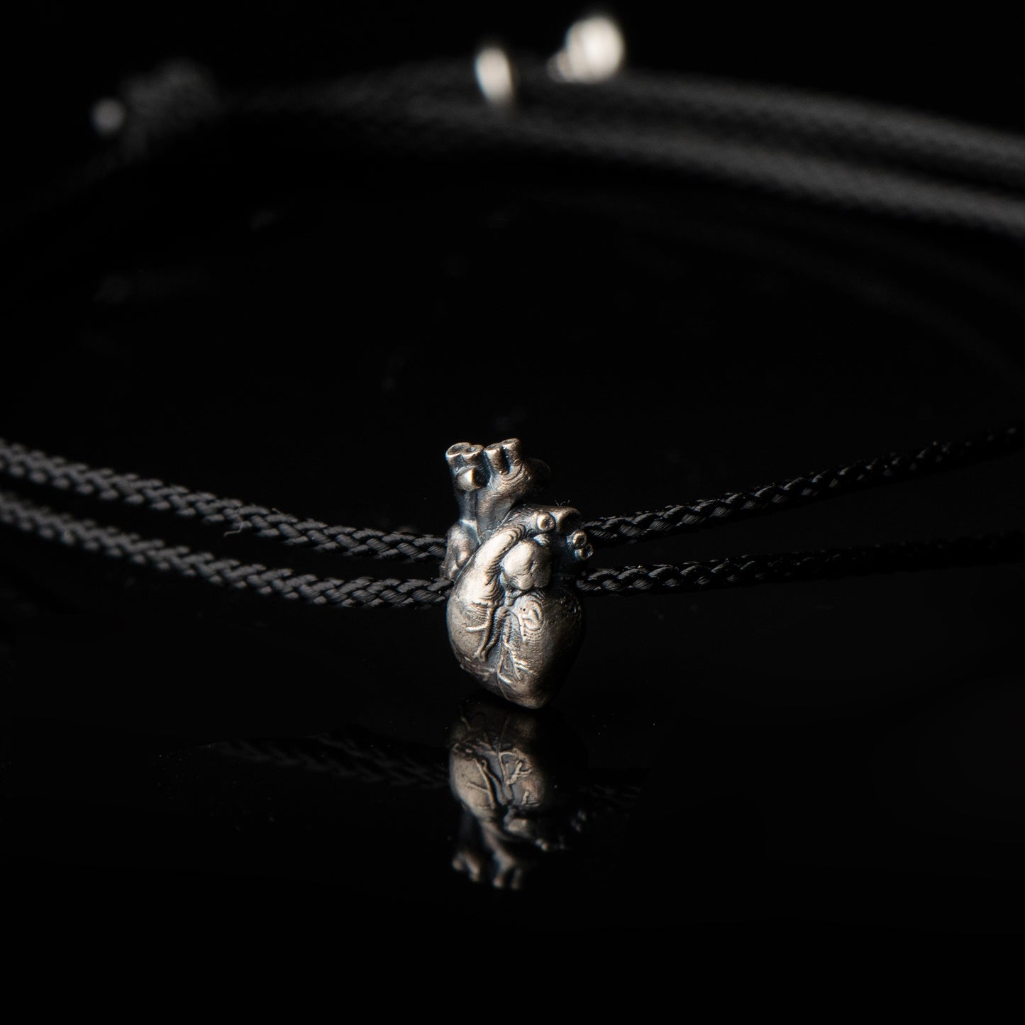 Anatomical Heart Charm Bracelet on Black Macramé Cord with Black Diamond Accent