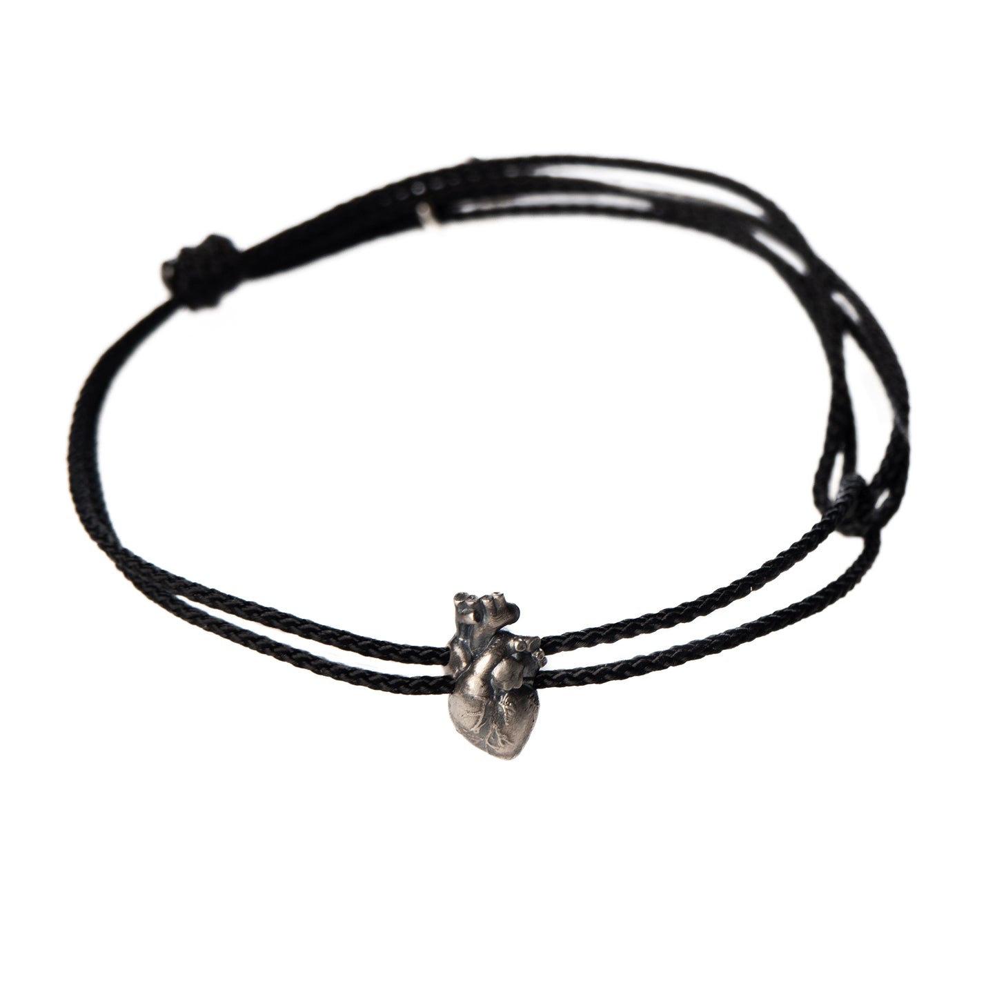 Anatomical Heart Charm Bracelet on Black Macramé Cord with Black Diamond Accent