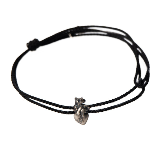 Anatomical Heart Charm Bracelet on Black Macramé Cord with Black Diamond Accent