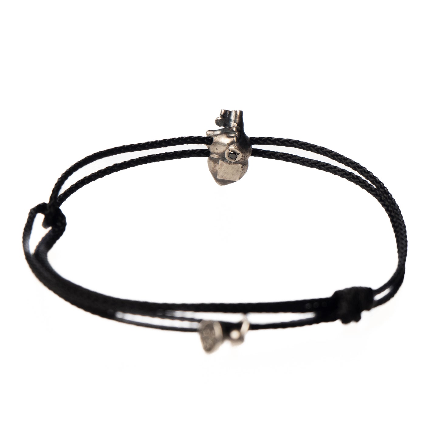 Anatomical Heart Charm Bracelet on Black Macramé Cord with Black Diamond Accent