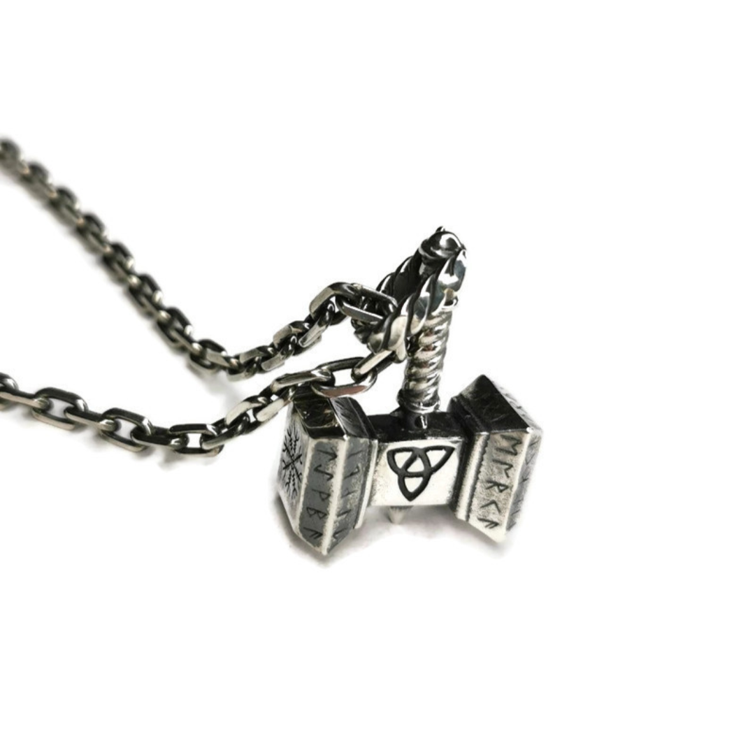Silver Thor's Hammer Necklace for Men - Norse Celtic Mjolnir Pendant
