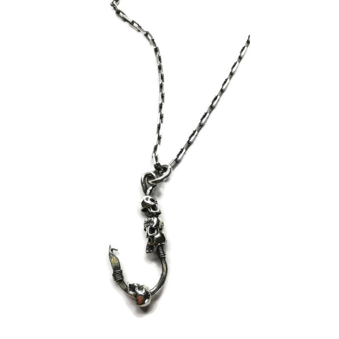 Pirate Silver Chain Necklace Featuring A Fishhook Adorned with Skulls Chain (Width-3 mm)