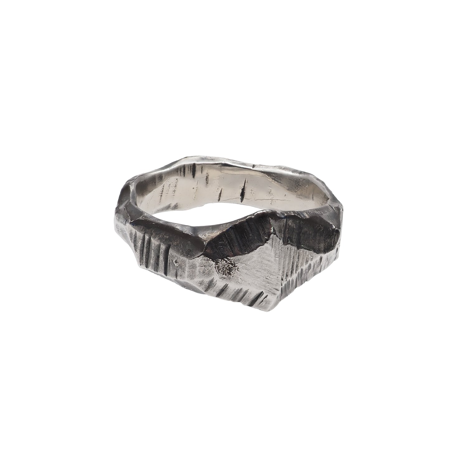 Handmade Space-Inspired Oxidized Sterling Silver Signet Ring with Carved Rhombus Texture