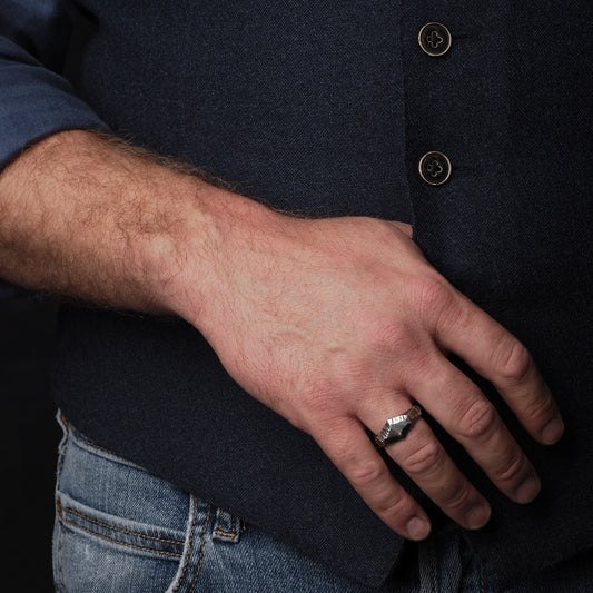 Handmade Space-Inspired Oxidized Sterling Silver Signet Ring with Carved Rhombus Texture