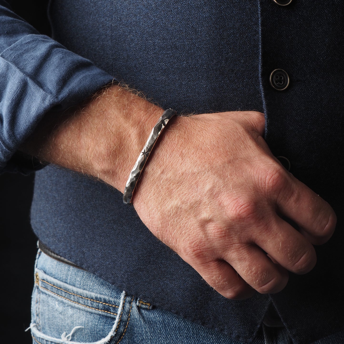 Viking-Inspired Silver Cuff Bracelet with Intricate North Star Carving