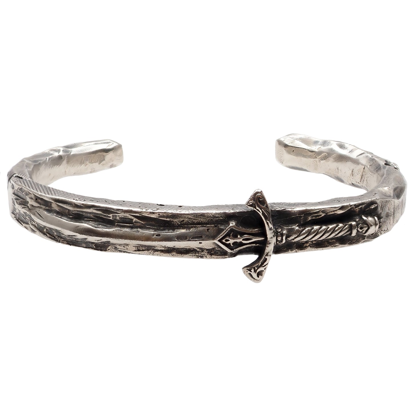Brutalist chunky heavy silver antique King Arthur Excalibur sword cuff bracelet for men