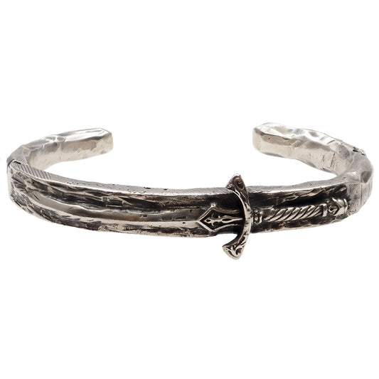 Brutalist chunky heavy silver antique King Arthur Excalibur sword cuff bracelet for men