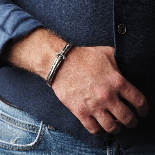 Brutalist chunky heavy silver antique King Arthur Excalibur sword cuff bracelet for men