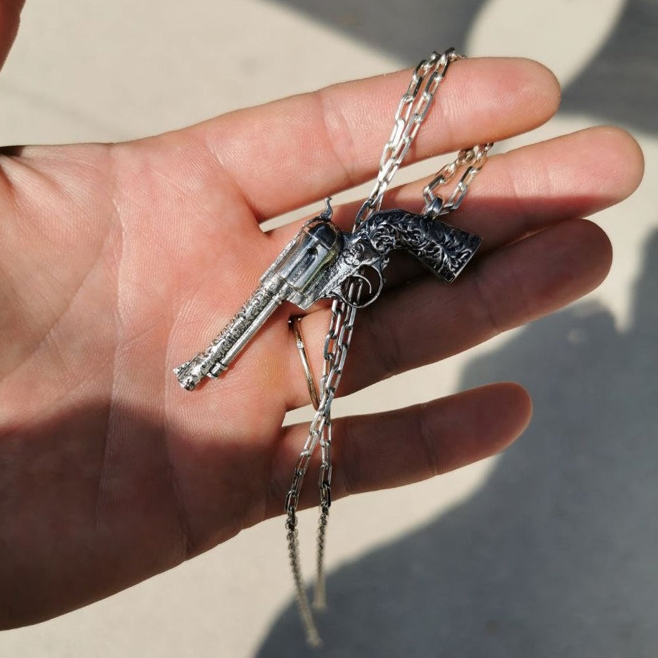Colt revolver necklace in silver, wild old west jewelry for men