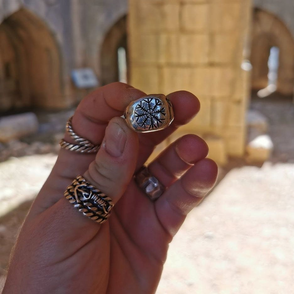 Unique Men's Viking Norse Rune Ring with Handcrafted Silver and Celtic Galdrastafir Design