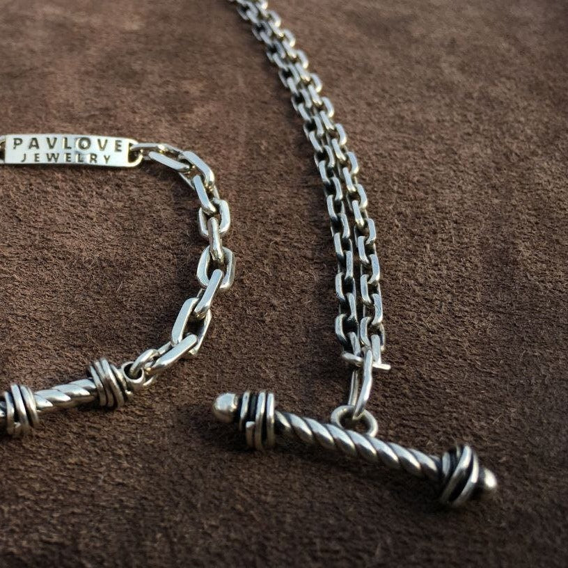 T-bar Spiral Barbell Pendant with Anchor Chain - Handcrafted Unique Jewelry