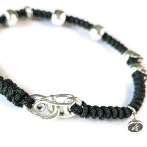 Sterling Silver Macrame Bracelet with Skulls and Spiral Stoppers - Unique 'Six' Clasp Design