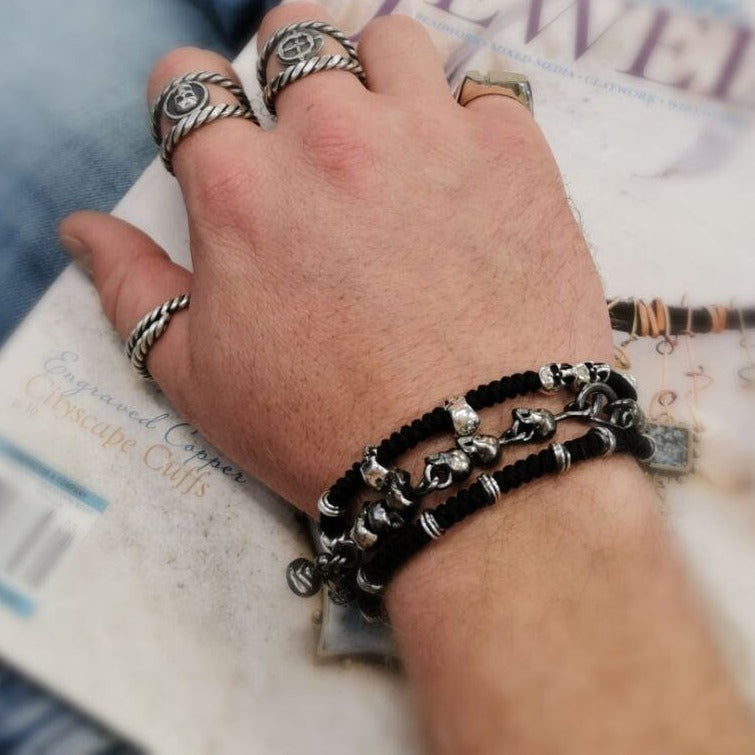 Sterling Silver Macrame Bracelet with Skulls and Spiral Stoppers - Unique 'Six' Clasp Design