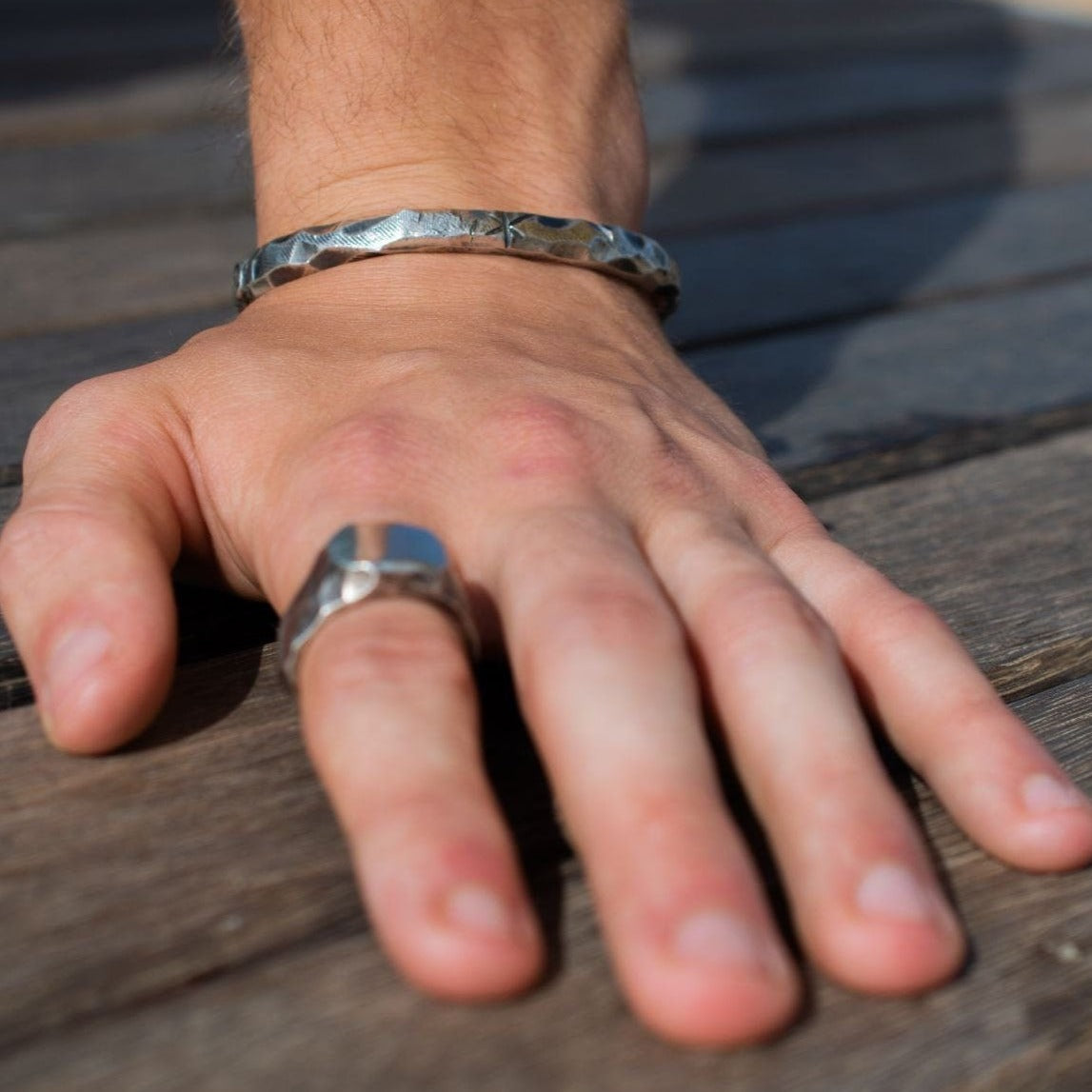 Viking-Inspired Silver Cuff Bracelet with Intricate North Star Carving