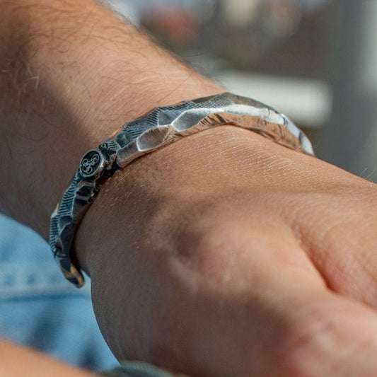 Viking-Inspired Silver Cuff Bracelet with Intricate North Star Carving