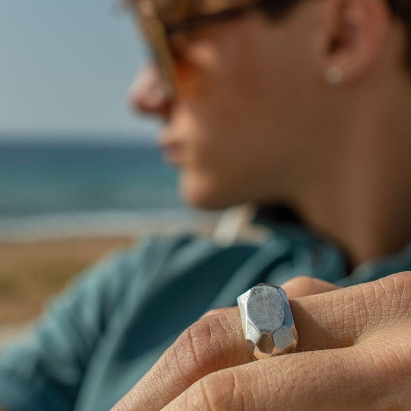 Geometric Cubic Crystal Texture Ring with Matte Finish - Avant-Garde Statement Piece