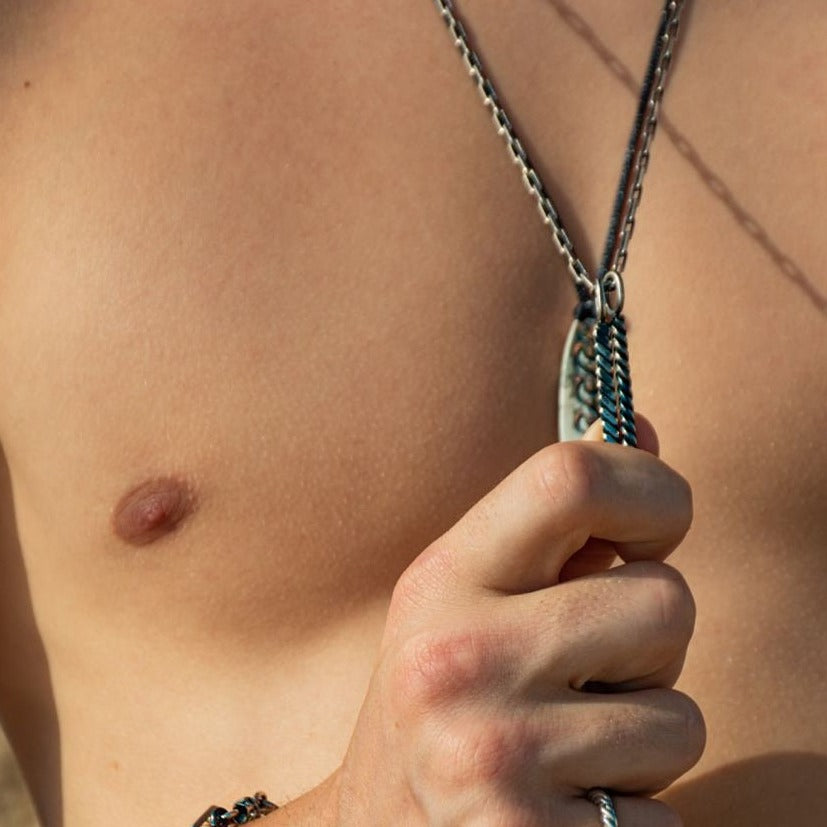 Men's Silver Anchor Chain with Double Vertical Rope Bar Pendant - Long and Sleek Design