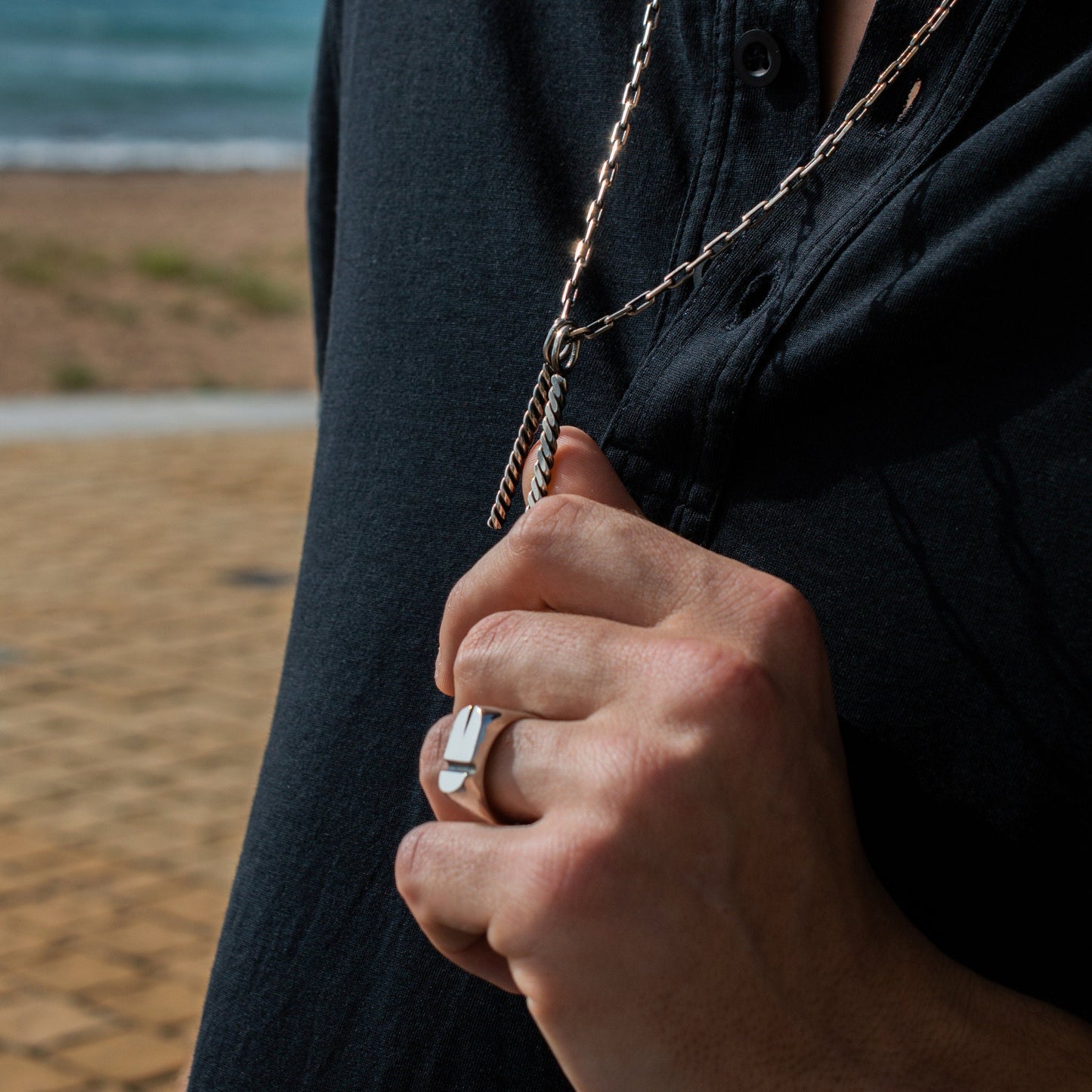 Men's Silver Anchor Chain with Double Vertical Rope Bar Pendant - Long and Sleek Design