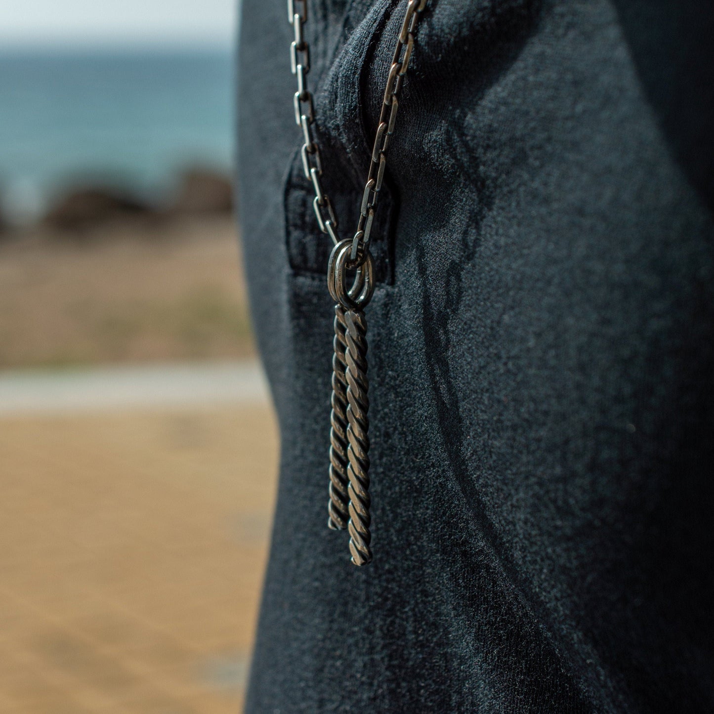 Men's Silver Anchor Chain with Double Vertical Rope Bar Pendant - Long and Sleek Design