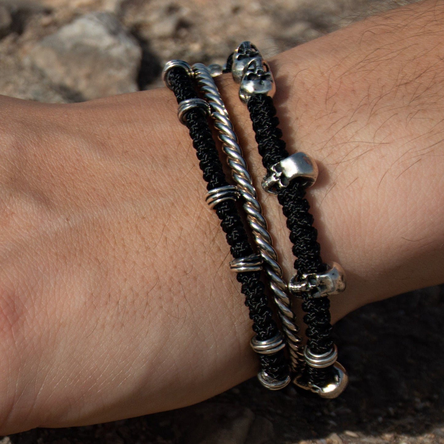 Sterling Silver Macrame Bracelet with Skulls and Spiral Stoppers - Unique 'Six' Clasp Design