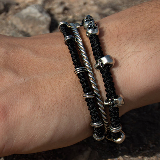Sterling Silver Macrame Bracelet with Skulls and Spiral Stoppers - Unique 'Six' Clasp Design
