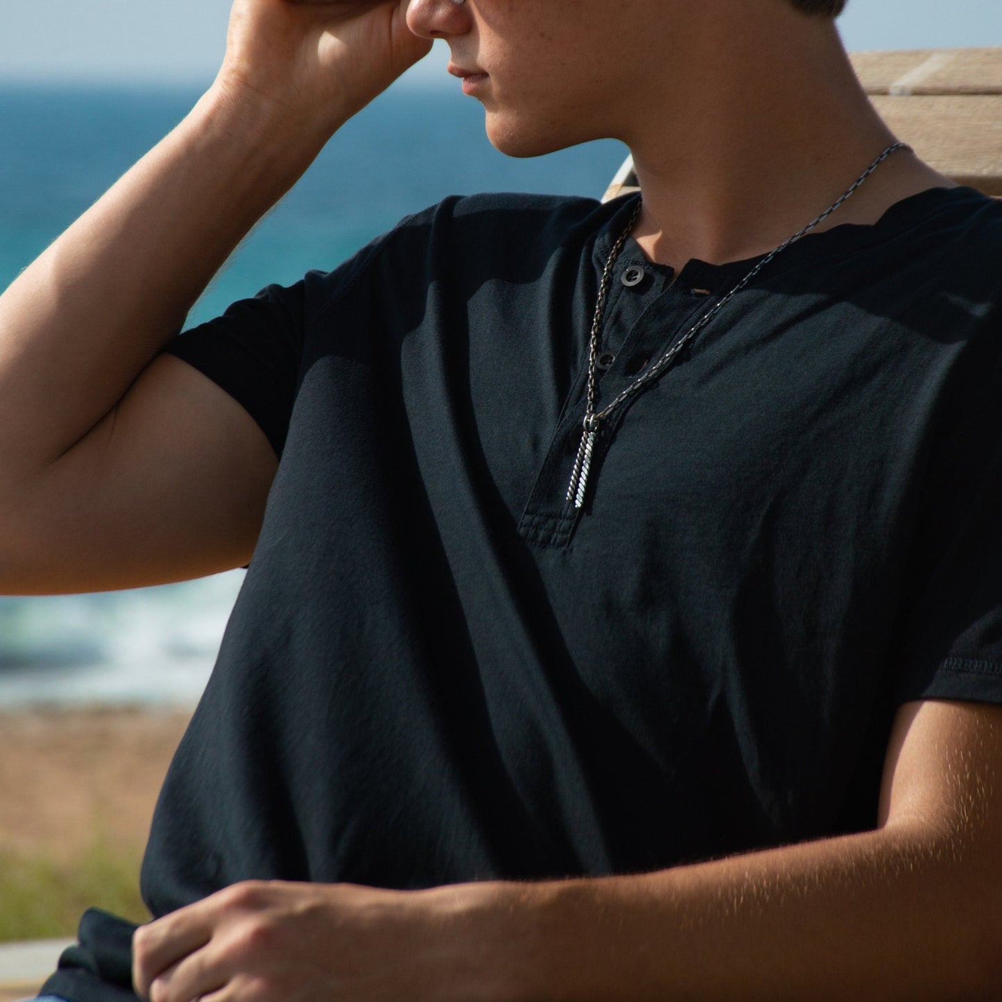 Men's Silver Anchor Chain with Double Vertical Rope Bar Pendant - Long and Sleek Design