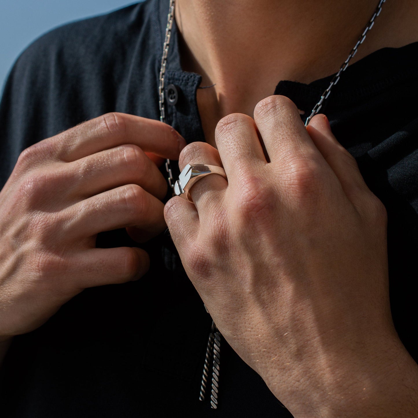 Men's Silver Anchor Chain with Double Vertical Rope Bar Pendant - Long and Sleek Design