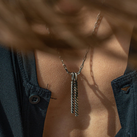 Men's Silver Anchor Chain with Double Vertical Rope Bar Pendant - Long and Sleek Design