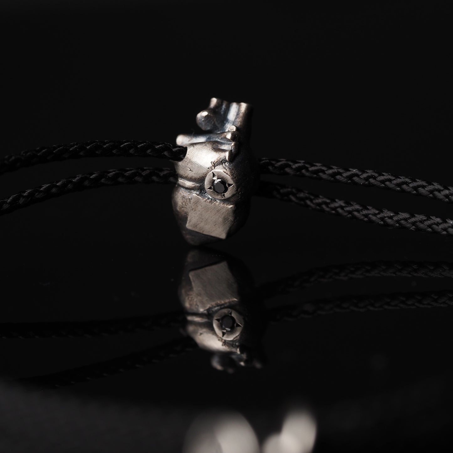 Anatomical Heart Charm Bracelet on Black Macramé Cord with Black Diamond Accent