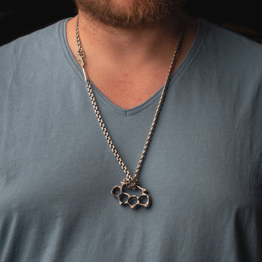 Stylish Edgy Silver Brass Knuckles Pendant with Sturdy Bismarck Chain