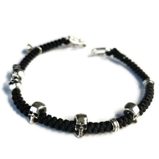 Sterling Silver Macrame Bracelet with Skulls and Spiral Stoppers - Unique 'Six' Clasp Design