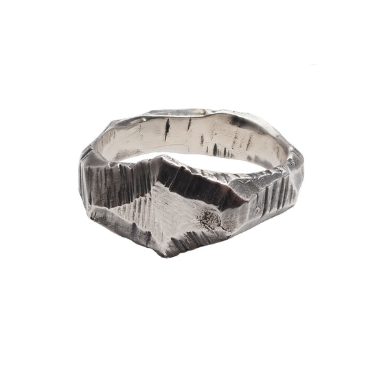 Handmade Space-Inspired Oxidized Sterling Silver Signet Ring with Carved Rhombus Texture