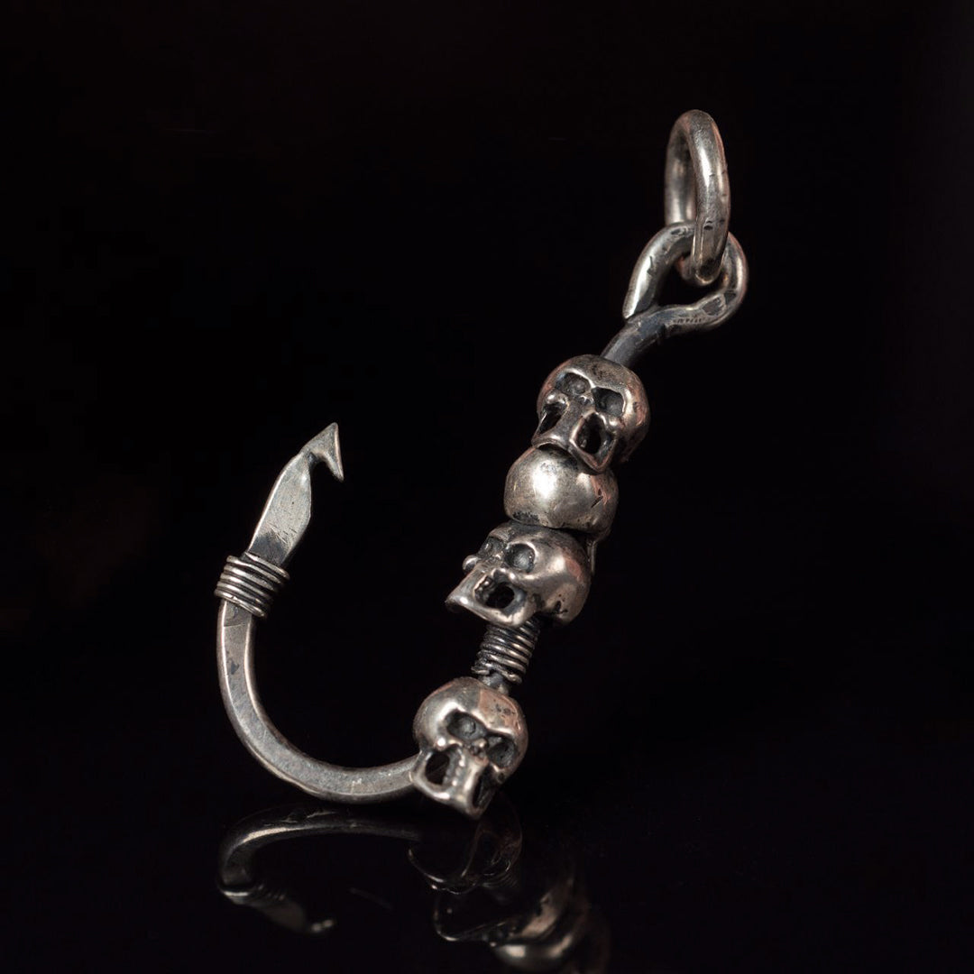 Pirate silver chain necklace featuring a fishhook adorned with skulls –  Pavlove Jewelry