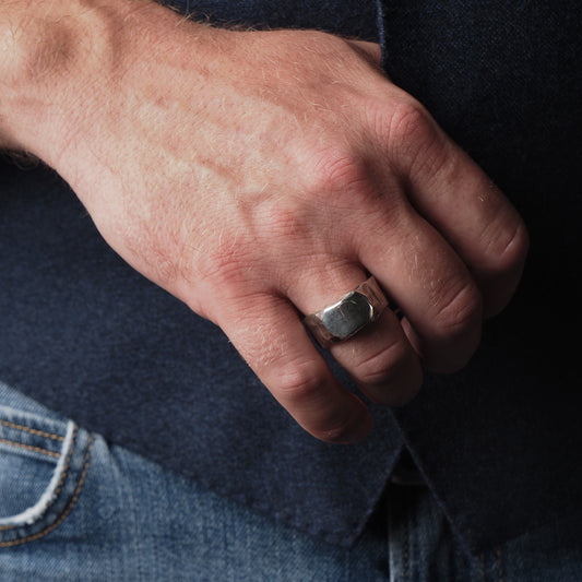 Avant-Garde Chunky Silver Signet Ring: Bold and Brutalist Design with Engraved Texture