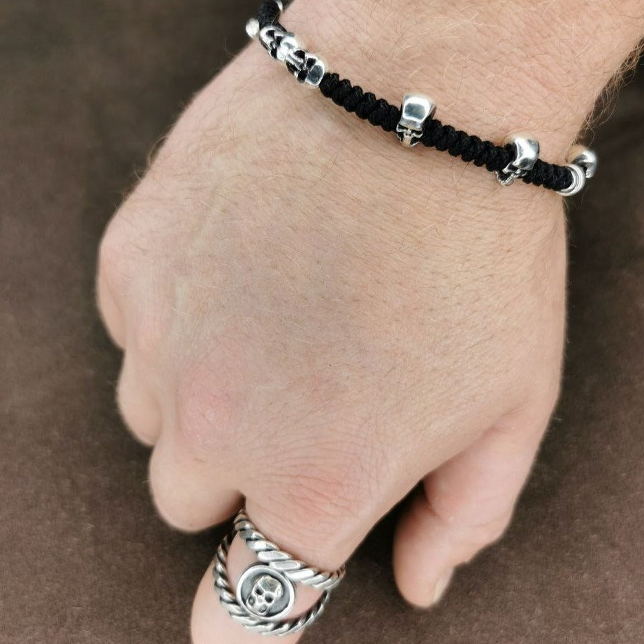 Sterling Silver Macrame Bracelet with Skulls and Spiral Stoppers - Unique 'Six' Clasp Design